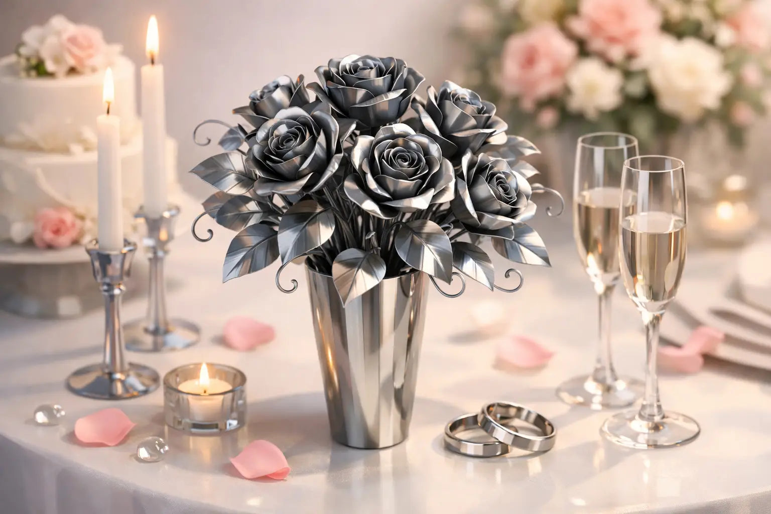 Stahlrosenstrauß für Hochzeitstisch-Deko