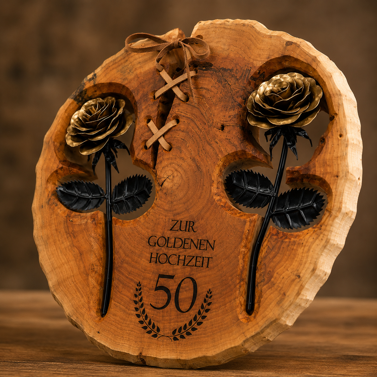 Personalisierte Edelholztafel mit Stahlrosen – Geschenk mit Wunsch Gravur