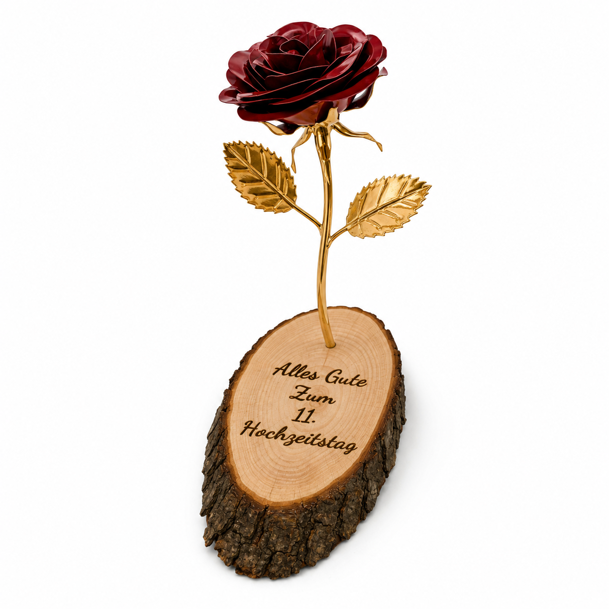 Personalisierte Stahlrose mit Gravur auf Holzscheibe