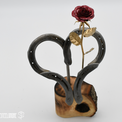 Hufeisen - Herz mit Rose mit Holzaufsteller