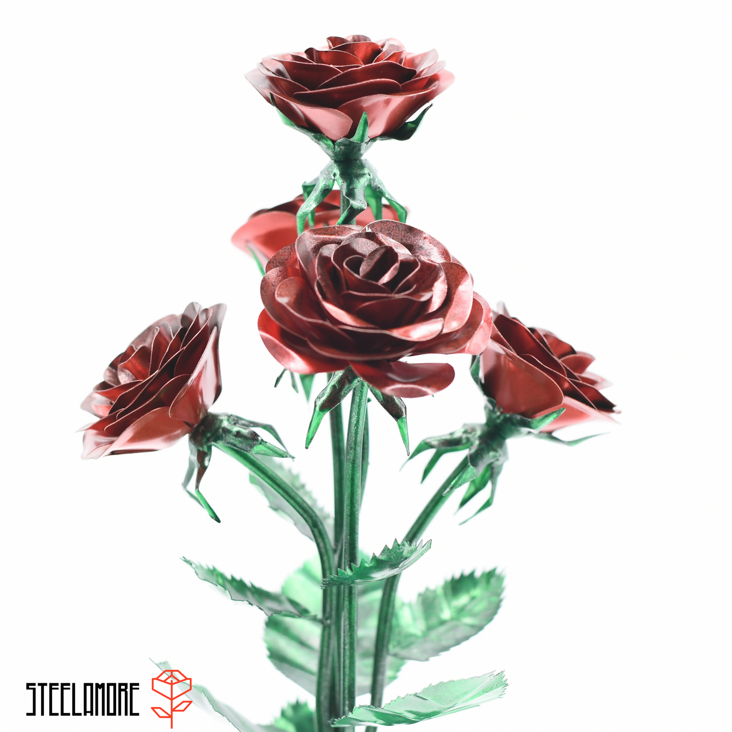 Strauß aus fünf Stahlrosen in rot und grün, Rosen aus veredeltem Stahl